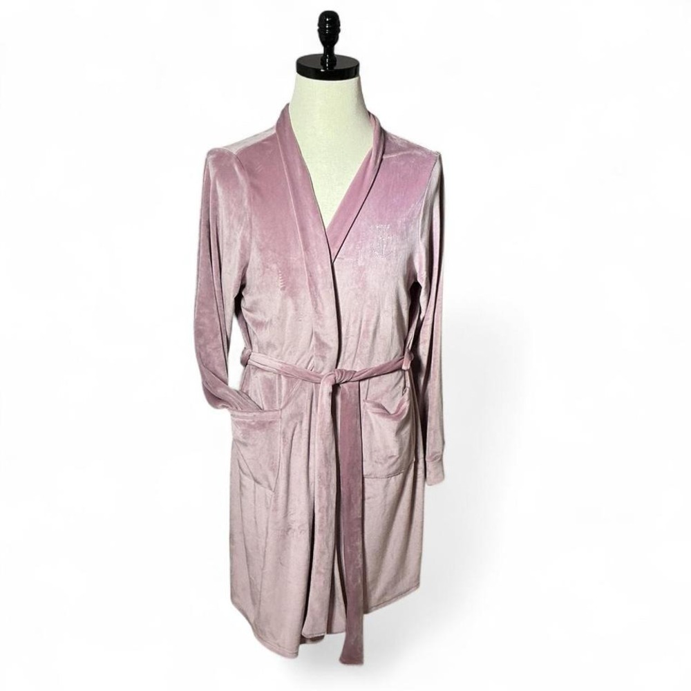 Y2K Juicy Couture L Velvet Pink Velour Rhinestone Logo Robe Loungewear coquette